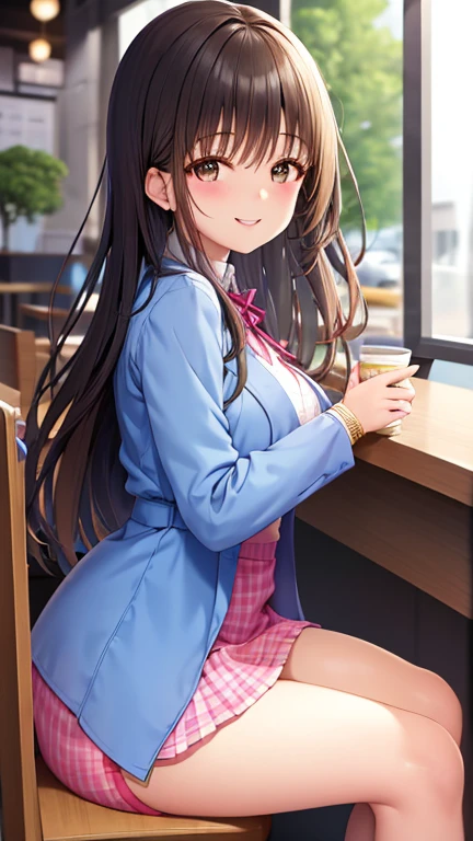 Smiling and talking to me ,  pastel colored date clothes , During a date at a cafe. She is sitting next to the counter.  , On a date ,  various poses ,  various angles ,  various top and bottom angles , micro mini skirt