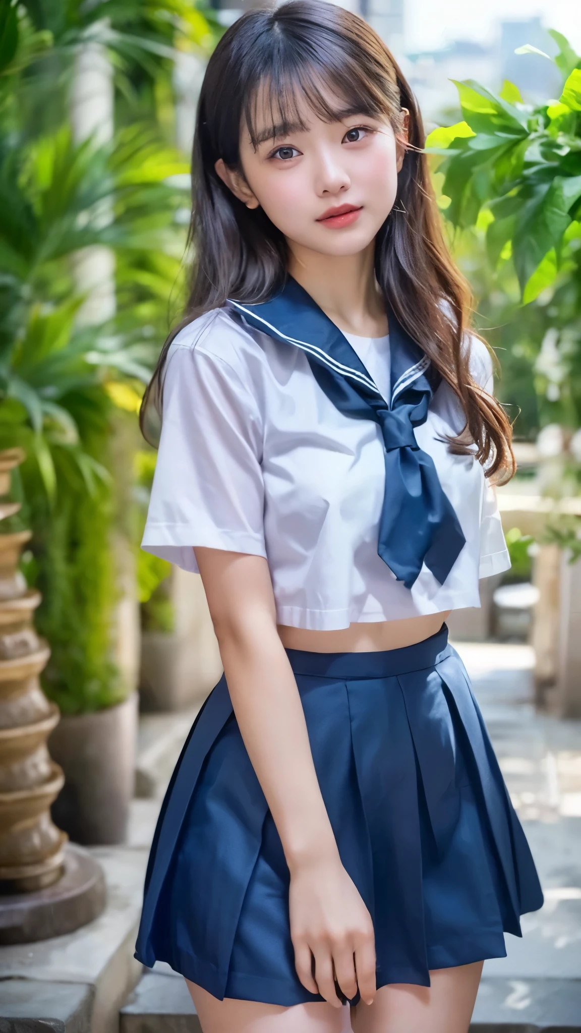 (best quality, 8k, 32k, masterpiece, UHD:1.2), (RAW photo), (realistic), (photorealistic:1.2), (high resolution), huge filesize, ultra-detailed, extremely beautiful face & eyes, 1girl, japanese elementary school student,****, ****, ****, round small face, baby face, thin waist, beautiful belly skin, large breasts, slim proportions, perfect thin thighs, small butt, (darkblue pleated mini skirt, japanese sailor, sailor fuku, serafuku, japanese school sailor suit, sailor red neckerchief), nice hands, perfect hands, accurate hand depiction, sweaty, shy smile, pure white teeth, from below, (blue sky, summer, sun, beach, palm tree, outdoors),