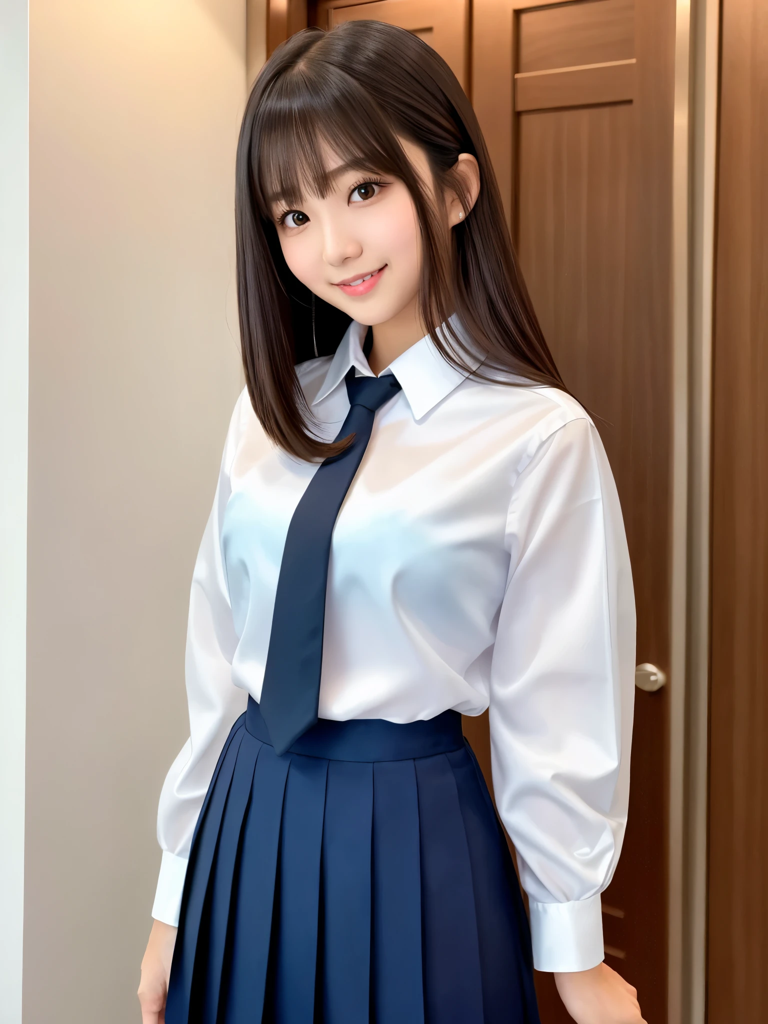 product quality, 1girl, upper body shot, front view, a Japanese young pretty girl, long bob hair, waving her hand slightly with a big smile in front of her luxury apartment entrance in the night, glamorous figure, wearing a white collared shiny satin shirt of long sleeves, shiny satin dark blue plain long tie, dark blue pleated long skirt, school bag over her shoulder, hyper cute face, glossy lips, double eyelids in both eyes, natural makeup, long eyelashes, shiny smooth light brown long bob hair, asymmetrical bangs, a tanned skin, central image, high resolution, high detail, detailed hairstyle, detailed face, spectacular cinematic lighting, octane rendering, vibrant, hyper realistic, perfect limbs, perfect anatomy