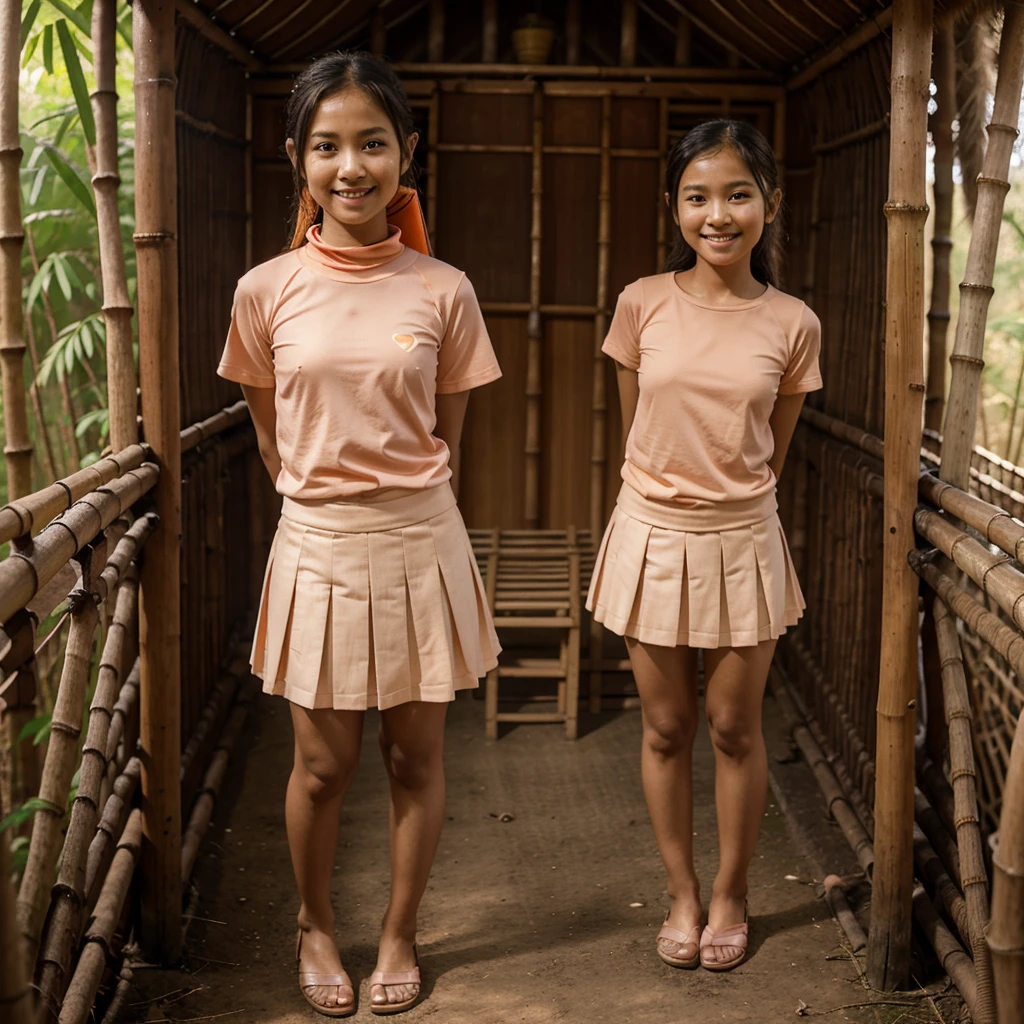 A Indonesian girl in peach color hijab, wearing peach color lace tight t-shirt, wearing very short peach color pleated skirt, darker skin, skinny body, short body, smiling and standing in the old bamboo cabin in a forest, look to the viewer with eye close