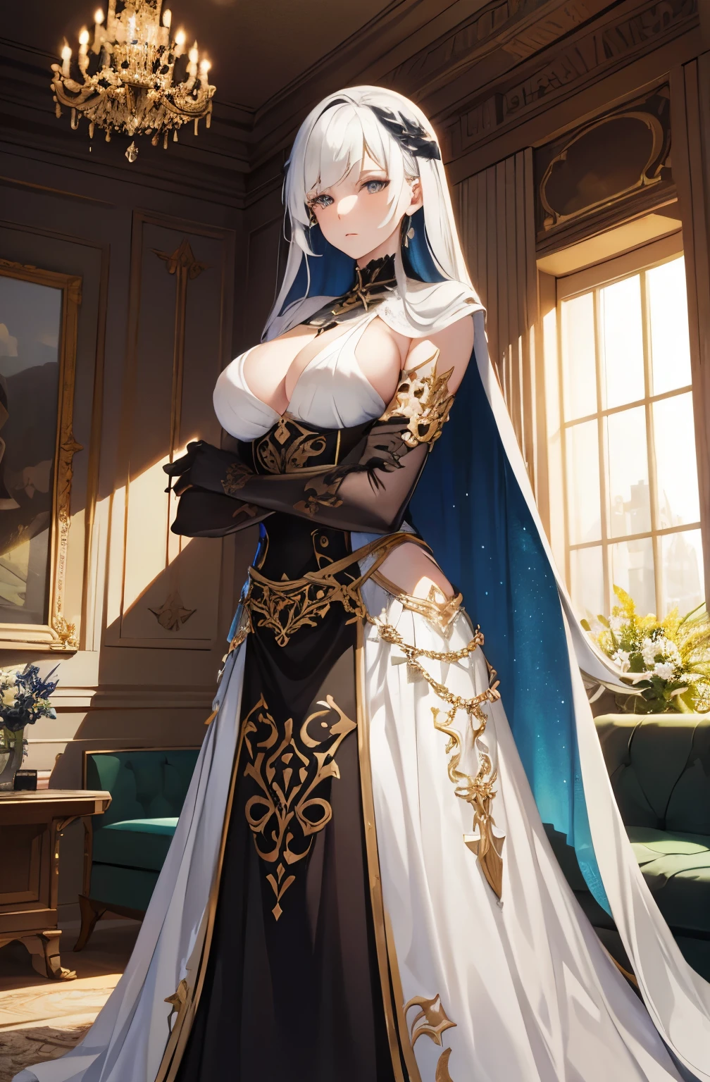 (masterpiece), best quality, expressive eyes, perfect face, (ultra-detailed), (detailed background), (intricate details), 8k, UHD, Brunhilde, tall woman, pale skin, green eyes, long black hair, wing hair ornament, white dress, long dress, elbow gloves, fingerless gloves, leg armor, , standing with crossed arms, (serious expression), nordic mythology, palace, luxurious style, living room, bokeh, natural lighting,