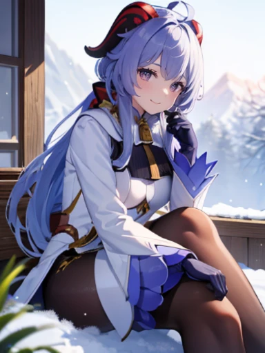 (masterpiece), (highest quality) , super detailed, shine, shine光, ray tracing, Depth of the bounds written, (perfect face, detailed face, fine eyes,perfect hands :0.7),(8k),super realistic face,ray tracing,perfect lighting,highest quality, super detailed, shine目, (looking at the viewer,smile:1.1), ((1 girl)), (mature woman:1.4), Ganyu, Ganyu,Snowy countryside, winter landscape, Winter coats, long coat, beautiful ,winter boots, gloves, smile, beauty of nature, purple hair, shine青い目, detailed facial features, rosy cheeks, (優しいsmile), ice breath, ピンクとwinter landscape, snowflakes falling quietly, Crisp winter air, quiet and peaceful, Calm atmosphere, Traces of footprints,winter wonderland, untouched nature, Soft and fluffy snow, clear blue sky, sunlight filtering through the foliage, Exquisite shadows,
