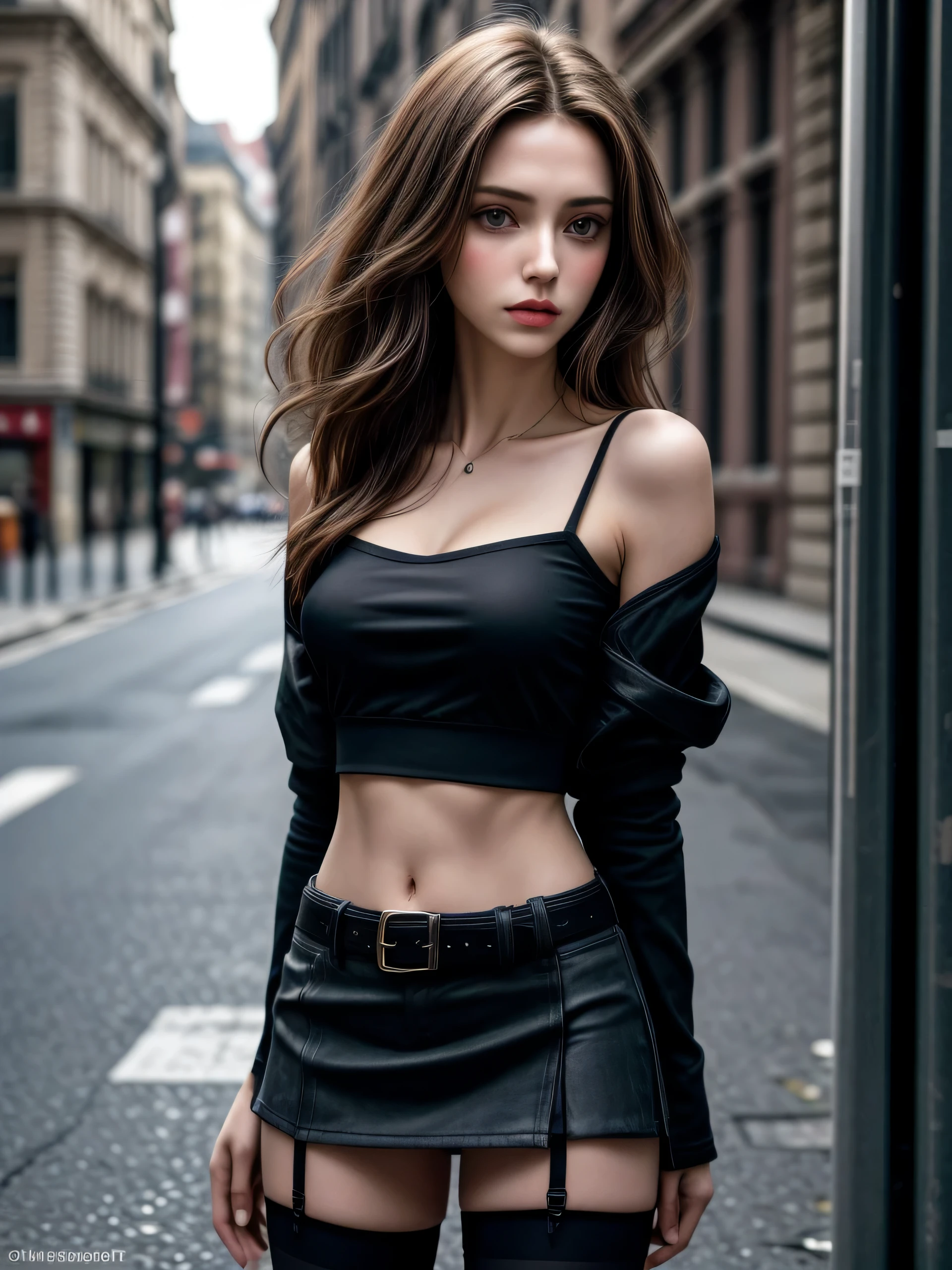 (Masterpiece, best quality, photorealistic, highres, photography:1.3), close-up portrait, sharp focus, 1 brunette girls, European fashion models, flawless skin, slim feminine appearance, flat abdomen, slender abs, cleavage, messy long hair, detailed hair strands, delicate sexy face, allure look, ((black theme, cool outfit, crop camisole, open jacket, miniskirt, belt, stockings)), outdoor fashion photoshoot, standing pose, ((realistic, ultra realistic, realism, realistic detail))