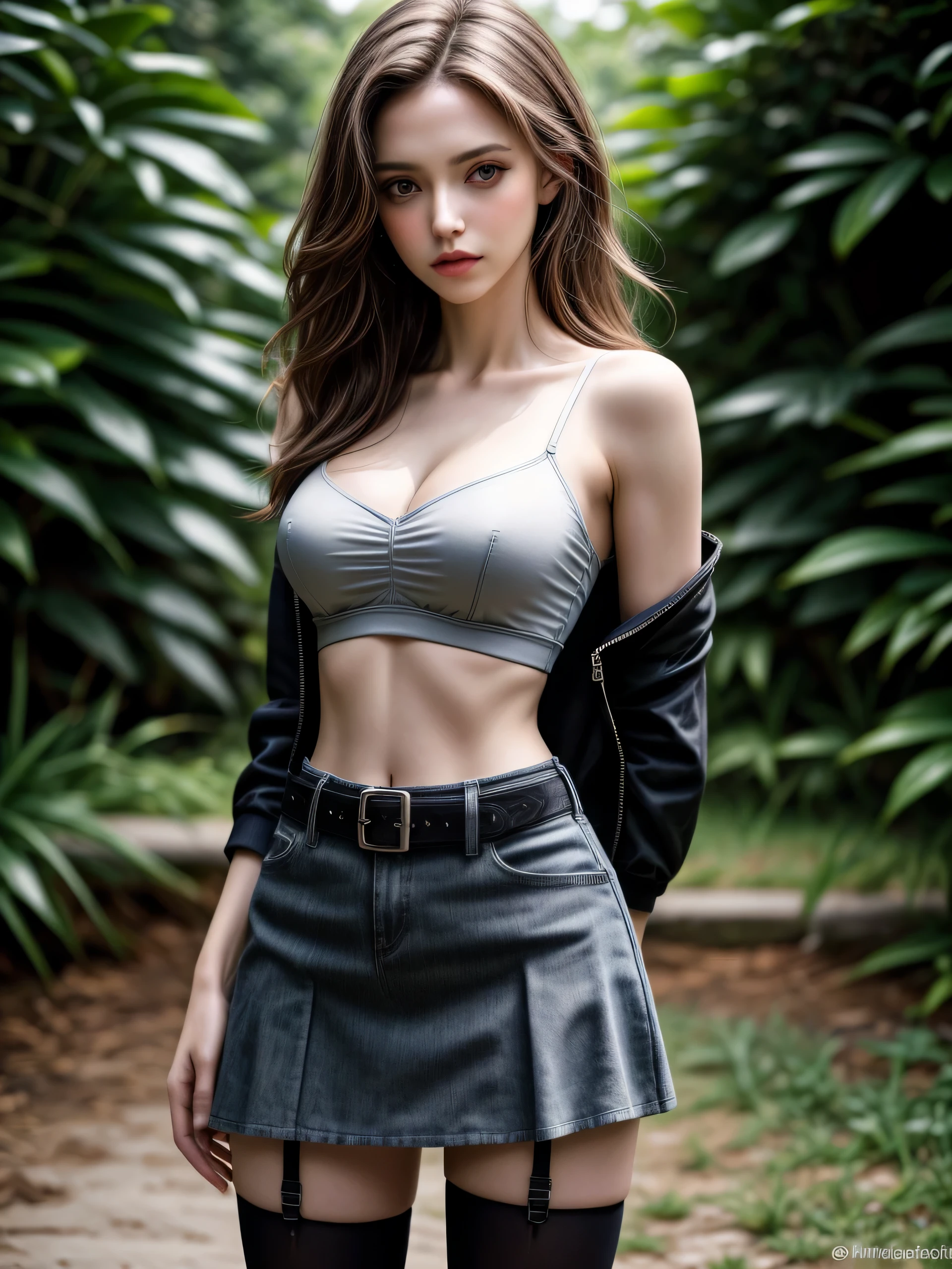 (Masterpiece, best quality, photorealistic, highres, photography:1.3), close-up portrait, sharp focus, 1 brunette girls, European fashion models, flawless skin, slim feminine appearance, flat abdomen, slender abs, cleavage, messy long hair, detailed hair strands, delicate sexy face, allure look, ((black theme, cool outfit, crop camisole, open jacket, miniskirt, belt, stockings)), outdoor fashion photoshoot, standing pose, ((realistic, ultra realistic, realism, realistic detail))