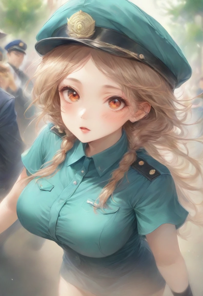 masterpiece, best quality, very aesthetic, absurdres, full body shot,(police costume:1.3), (button gap:0), police skirt, police cap, stockings with garter, on the crowed street, spirit of the wind, 1girl, kurumi \(lycoris recoil\), lycoris recoil