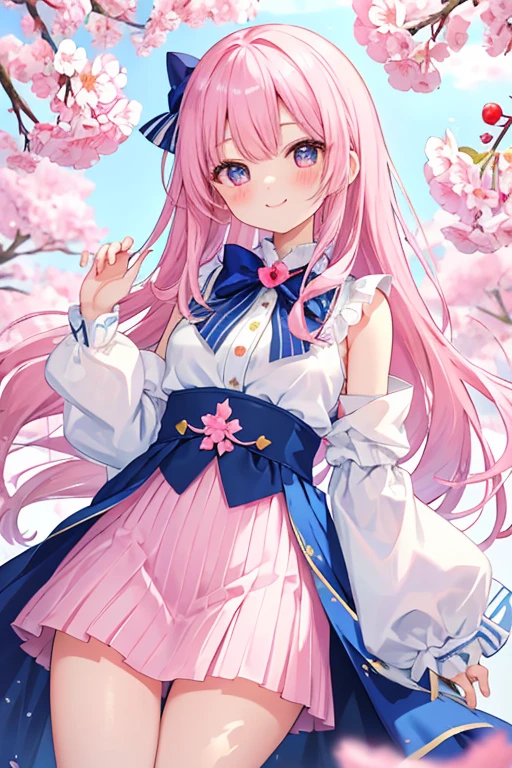 beautiful illustrations, highest quality, pretty girl,beautiful girl、clear face、 half girl、pastel colour 、pink hair、black eyes、smile、blush、にこやかなsmile、thighs、perfect hands、five fingers、cherry blossoms吹雪、cherry blossoms、fantasy、fantasy、cherry blossomsの妖精