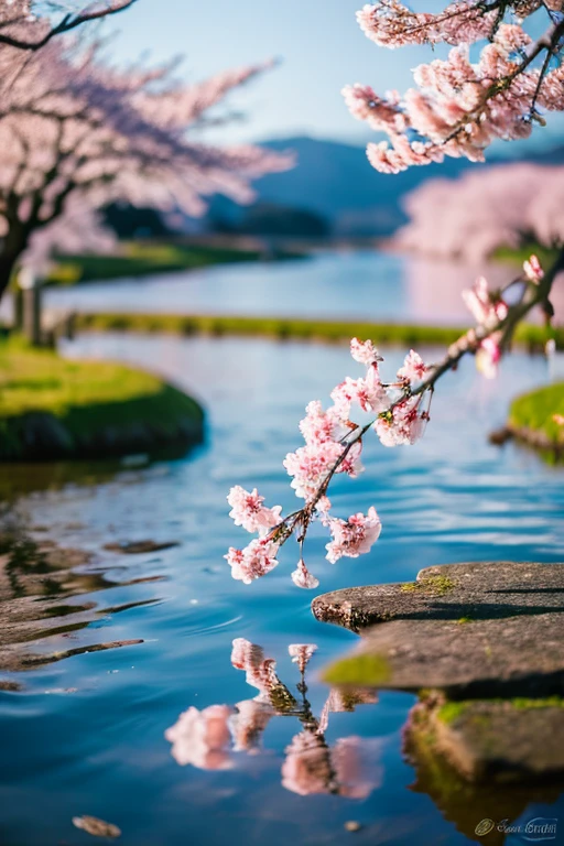 Romantic landscape style, Canon EOS 5D Mark IV, cherry blossom petals, Japanese sword floating on water,sparkling water reflection, extensiive、high quality photos, photo material