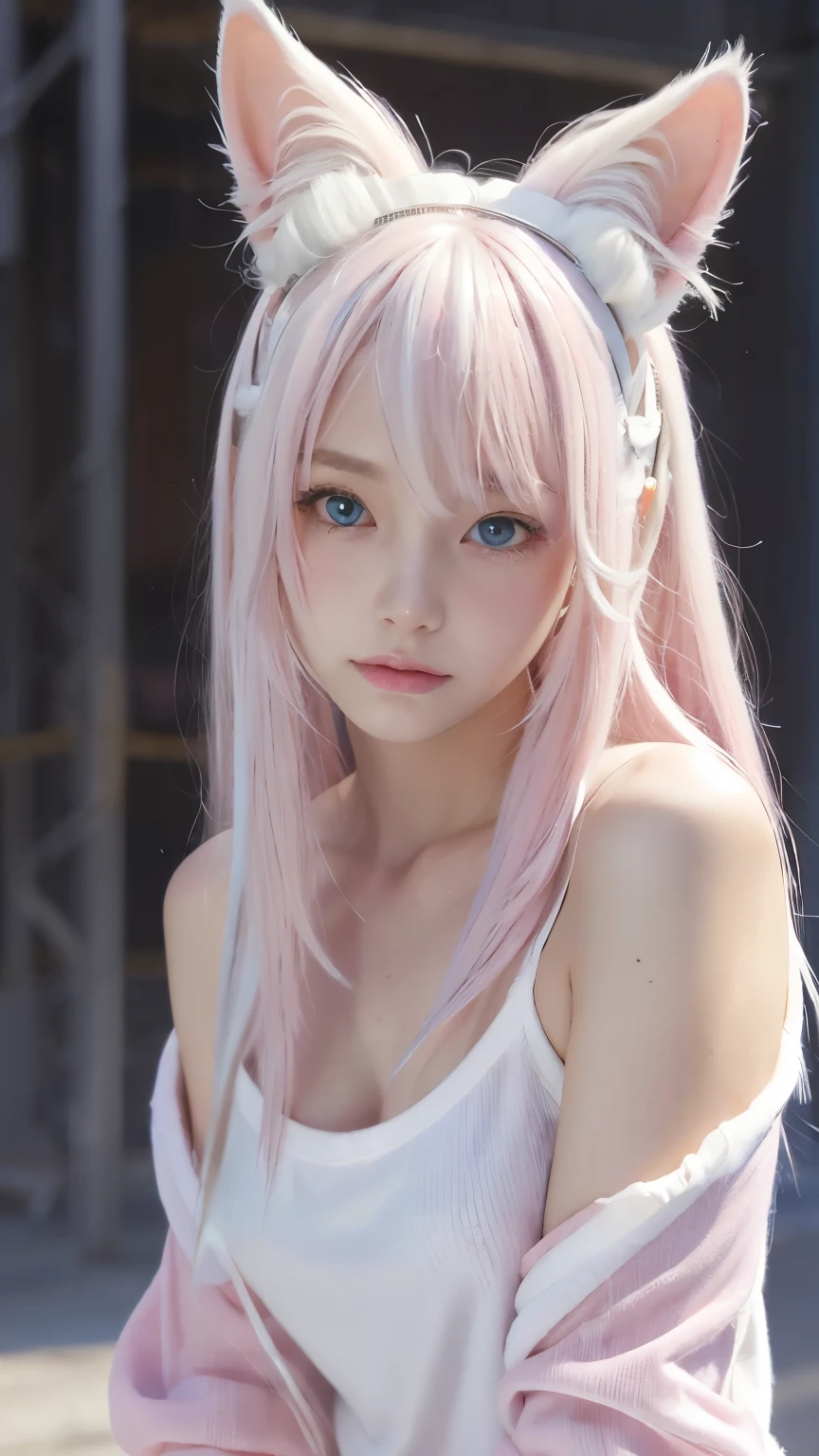 {{masterpiece}},{{highest quality}},enlightenment,1 perfect portrait of a girl, Colorful hair, (Pink+white soft hair:1.6), blue eyes,(Cat ears:1.3),Long and slim body type, Fantasy pink background, exposed bare shoulders, long-term alienation_sleeve, {lean forward a little},{shy}, head tilt,{small breasts} ,movie lighting,oversized clothes, ((seductive pose)),
