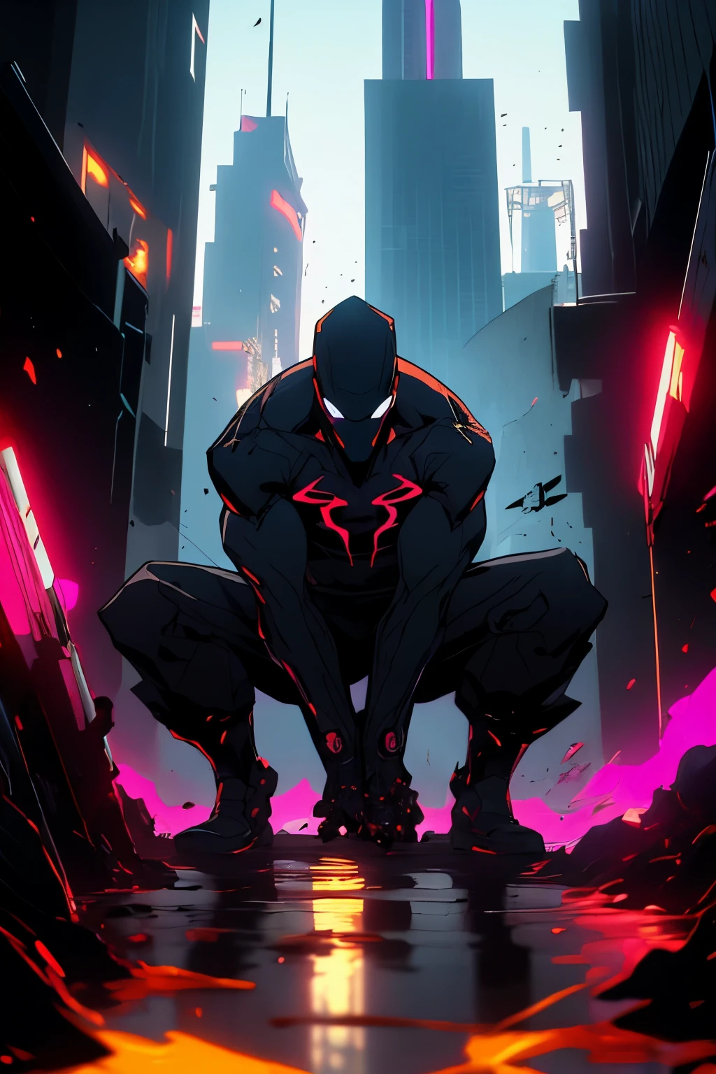  reimagined Spiderman in the year 2077, where he has turned into a villain. Focus on incorporating futuristic and dystopian elements into his costume and the setting to reflect the cyberpunk theme of that year. Envision Spiderman with a darker, more menacing look, and consider adding cybernetic enhancements or weaponry that denotes his villainous turn. Ensure the background captures the essence of a 2077 metropolis, replete with neon signs, towering skyscrapers, and a sense of foreboding."