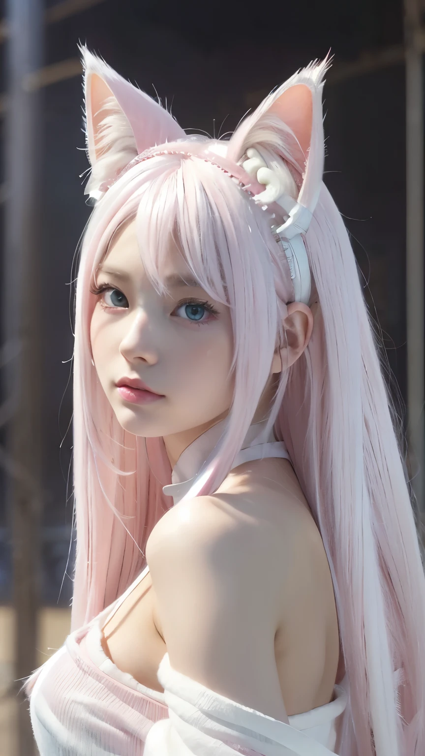 {{masterpiece}},{{highest quality}},enlightenment,1 perfect portrait of a girl, Colorful hair, (Pink+white soft hair:1.6), blue eyes,(Cat ears:1.3),Long and slim body type, Fantasy pink background, exposed bare shoulders, long-term alienation_sleeve, {lean forward a little},{shy}, head tilt,{small breasts} ,movie lighting,oversized clothes, ((seductive pose)), 