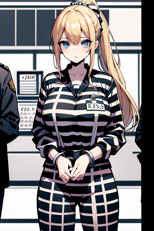 blonde hair, long hair, ponytail, blue eyes, black and white striped jumpsuit, prison uniform, prisoner, prisoned, jailed, jail cell, huge breasts, handcuffed