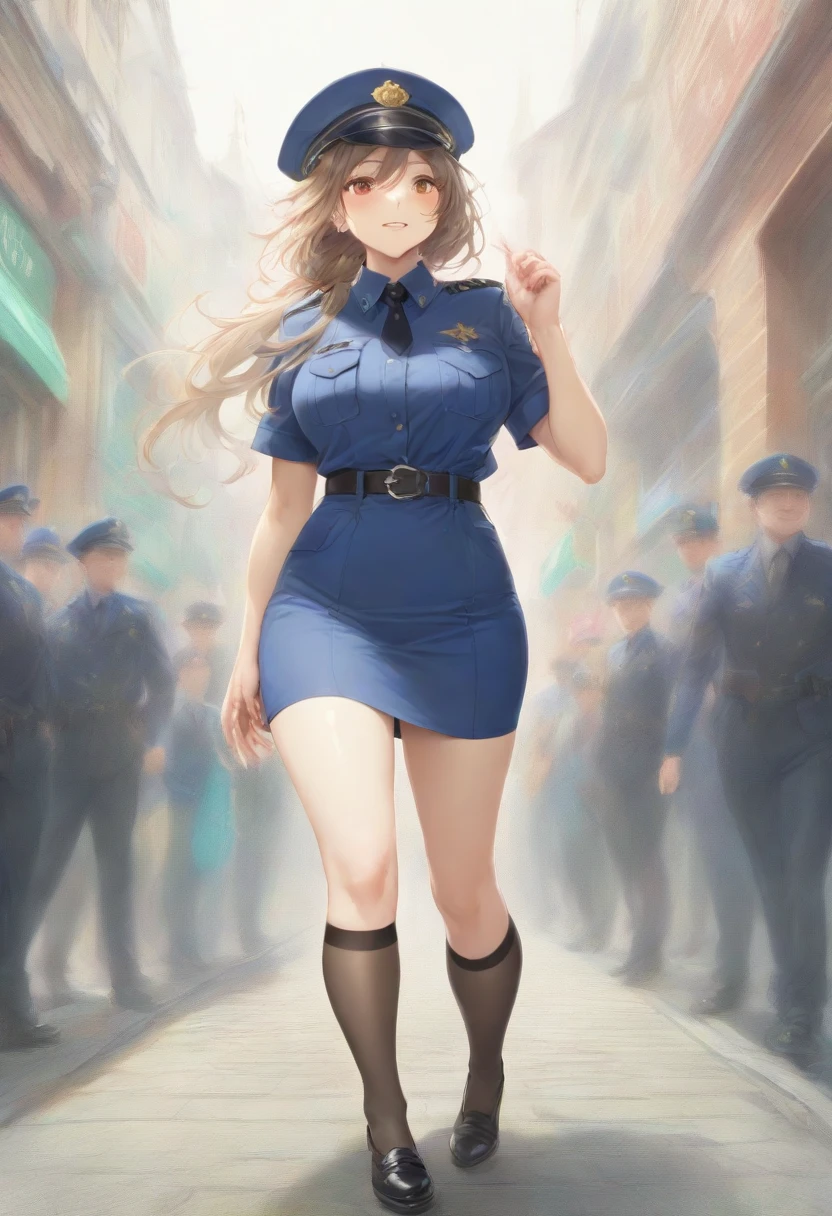 masterpiece, best quality, very aesthetic, absurdres, full body shot,(police costume:1.3), (button gap:0), police skirt, police cap, stockings with garter, on the crowed street, spirit of the wind, 1girl, nakahara mizuki, lycoris recoil