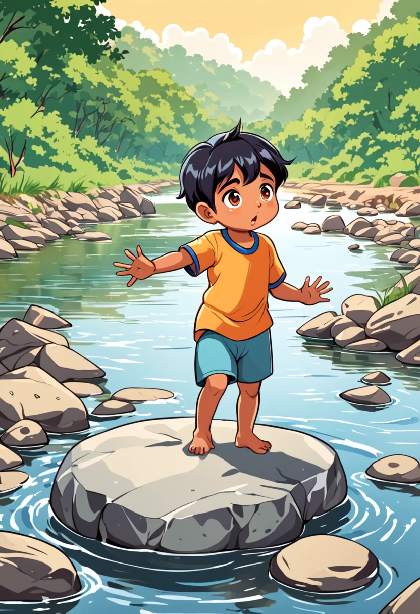 Hans throws stones into the water, Sitting on the shore, smiling and relaxing Draw a comic with chibi in anime for kids