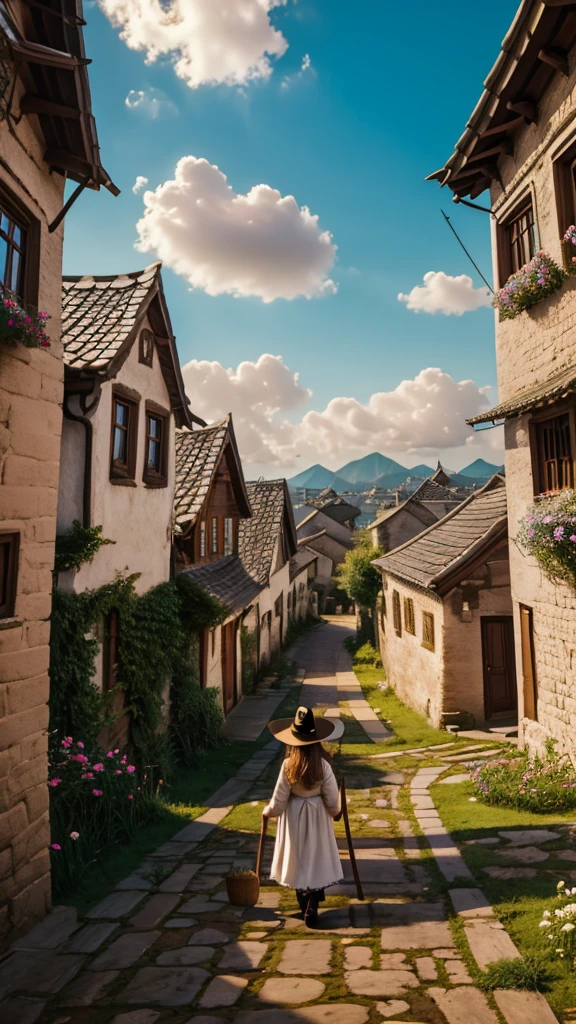 the result is a picture of a beautiful witch girl carrying a wand, first person view, with a view of an ancient village, accompanied by a cute white cat, in the afternoon