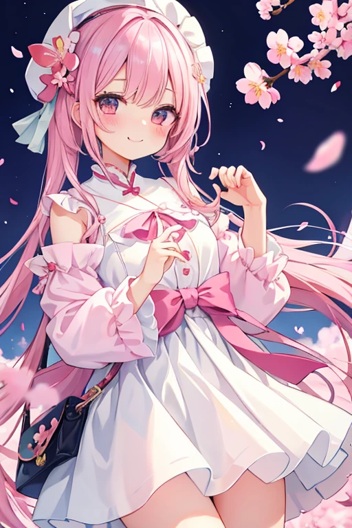beautiful illustrations, highest quality, pretty girl,beautiful girl、clear face、 half girl、pastel colour 、pink hair、black eyes、smile、blush、にこやかなsmile、thighs、perfect hands、five fingers、cherry blossoms吹雪、cherry blossoms、fantasy、fantasy、cherry blossomsの妖精、white dress