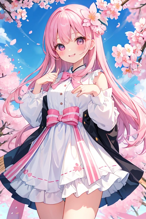 beautiful illustrations, highest quality, pretty girl,beautiful girl、clear face、 half girl、pastel colour 、pink hair、black eyes、smile、blush、にこやかなsmile、thighs、perfect hands、five fingers、cherry blossoms吹雪、cherry blossoms、fantasy、fantasy、cherry blossomsの妖精、white dress
