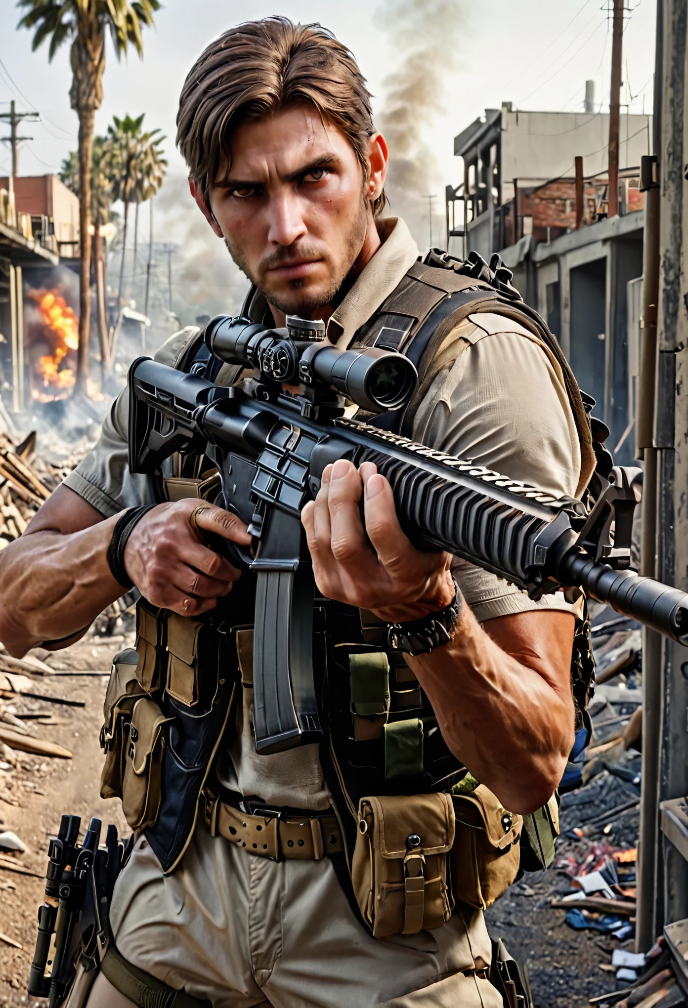 mercenary, male focus, holding an sniper rifle, brown hair, hazel eyes, load-bearing vest, ammunition belt, danger atmosphere, los angeles, war zone