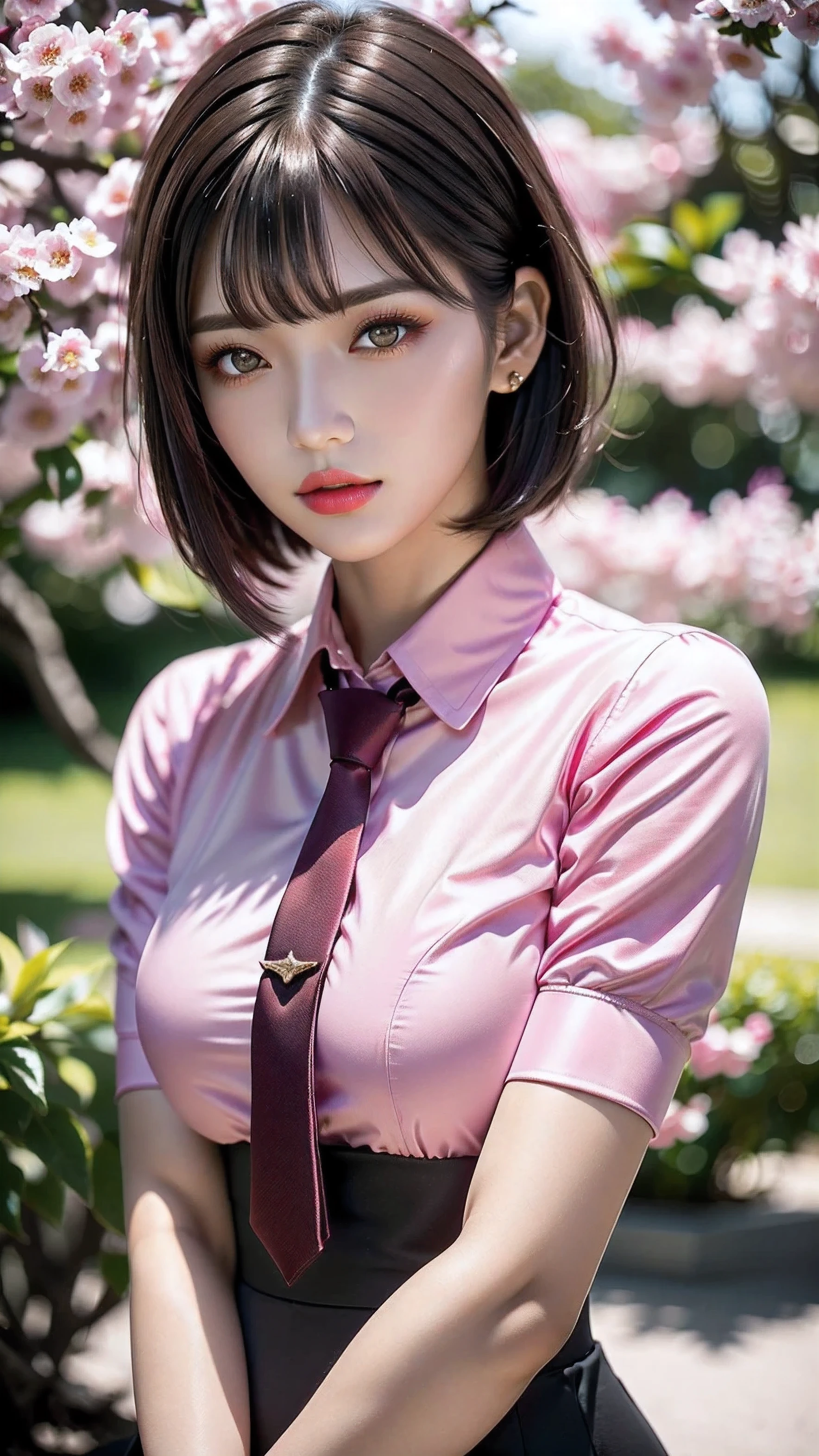 Divide Ratio : 1,1,1 Base Ratio: ((portrait)),beauty (mixed girls) in (highly detailed 32k absurd art of a ((girl 18-year-old)) ),fashion supermodel,(best high quality real texture skin:1.3),((ebony skin female:1.2)),(best quality texture hair:1.4),BREAK,((short bright dark hair((bangs swept to the side)) extremely detailed:1.3)),((outside,an orchard of blooming cherry trees:1.3)),(best high quality:1.33),(photo realistic:1. 45),(Hyper realistic:1.45),((sharp focus)),(highest resolution),((soft neon lighting on the face and body)),(perfect proportions),(anatomically correct),(perfect female body),(firm normal full breasts:1.3),slim face,beautiful cheekbones,((slim,swell-muscled body:1.24)),(Super beautiful face),(realistic face),(highly detailed face:1.4),absurd(ultra detailed eyes), finely detailed face,finely quality eyes,(tired and sleepy and satisfied:0.0),((close up of a woman's eye with a digital rendering)),realistic eyes,perfect round eyes,finely detailed pupils,(black_eyes:1.28),BREAK,detailed lips:1.3,(pink_lipstick:1.2),pink_makeup:1.22, long_blue_eyeliner:1.18, perfect dark_eyeshadows:1.4, ((there a close up of a woman's)), (super detailed makeup on eyes:1.3), iridescent eyes, with professional makeup, vibrant eyes:1.2, (Detailed nose:1.2),BREAK,(super extravagant (Pink collared blouse shirt)),BREAK,((wear dark_red tie:1.2)),small head:1.4, ((ornament red ribbon on head)),exquisite balance of shadows,perfect composition,((upper body shot:1.3)),((look at the viewer)), Hasselblad, 50mm f/2.2