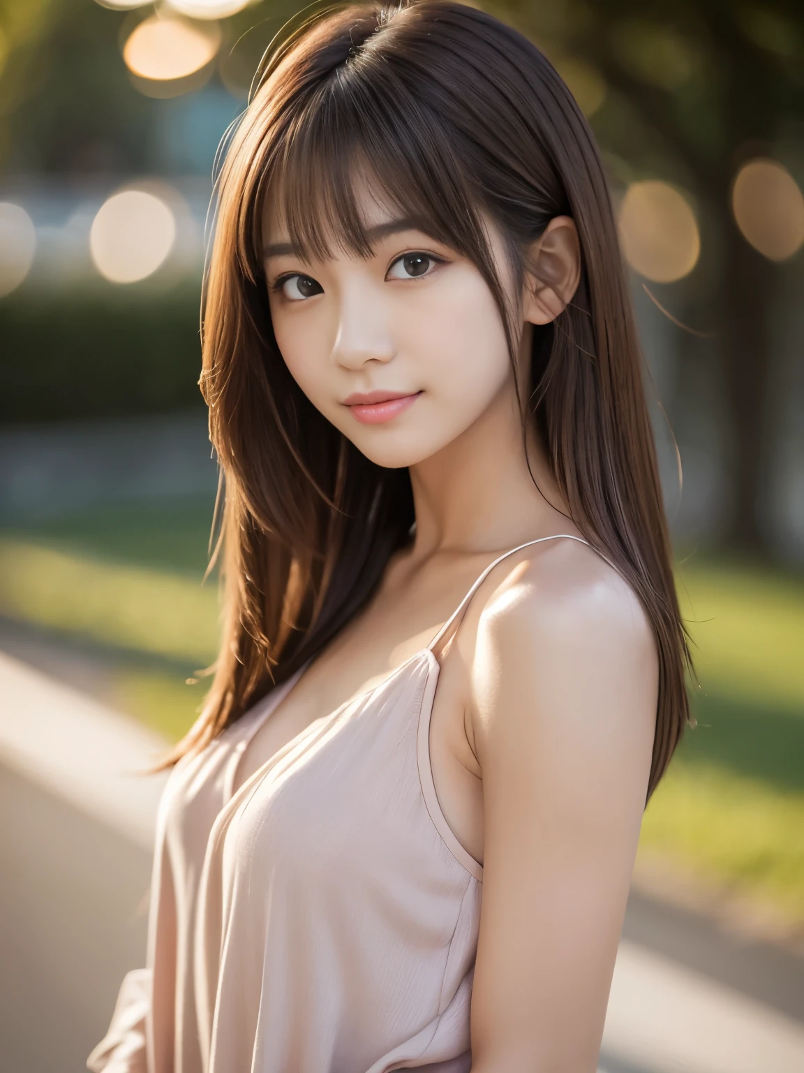 masterpiece, best quality, ultra high res, ultra detailed, sharp focus, 1girl, solo, a stunning pretty and beautiful Japanese sexy model, 19yo, looking at viewer:1.3, (bright smile:0.6), wearing a (blouse), dusk, sunset, night, realistic, slender, (standing:1.1), (looking at the viewer:1.3), sexy gaze, blush, (upper body shot:1.6), medium hair, messy hair, asymmetrical bangs, light brown hair, messy hair style,