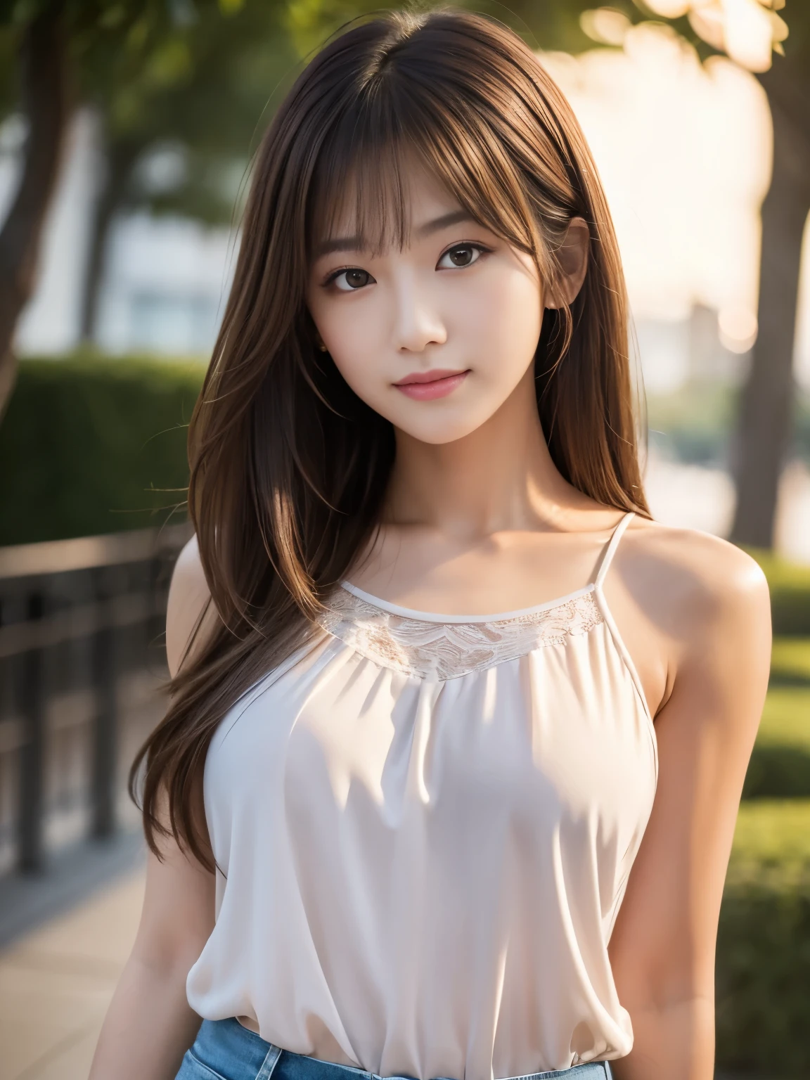 masterpiece, best quality, ultra high res, ultra detailed, sharp focus, 1girl, solo, a stunning pretty and beautiful Japanese sexy model, 19yo, looking at viewer:1.3, (bright smile:0.6), wearing a (blouse), dusk, sunset, night, realistic, slender, (standing:1.1), (looking at the viewer:1.3), sexy gaze, blush, (upper body shot:1.6), medium hair, messy hair, asymmetrical bangs, light brown hair, messy hair style,