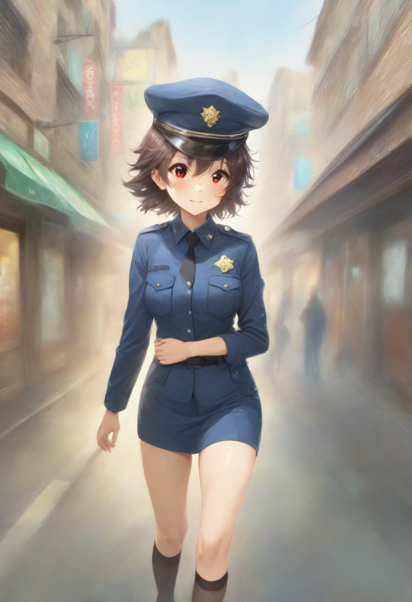 masterpiece, best quality, very aesthetic, absurdres, full body shot,(police costume:1.3), (button gap:0), police skirt, police cap, stockings with garter, on the crowed street, spirit of the wind, 1girl, manabe nodoka, k-on!