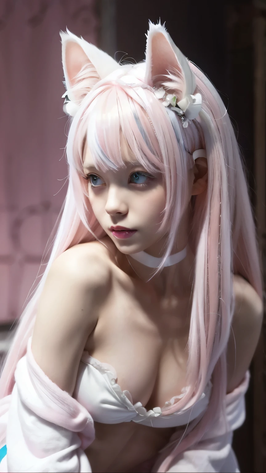 {{masterpiece}},{{highest quality}},Awareness-raising,1 perfect portrait of a girl, Colorful Hair, (pink+White and soft hair:1.6), blue eyes,(Cat ear:1.3),Slim and tall body type, ファンタジーpinkの背景, Exposed bare shoulders, Long-term alienation_sleeve, {Lean forward slightly},{shy}, Tilt your head,{Small breasts} ,Cinema Lighting,Larger clothes, ((Seductive pose)),