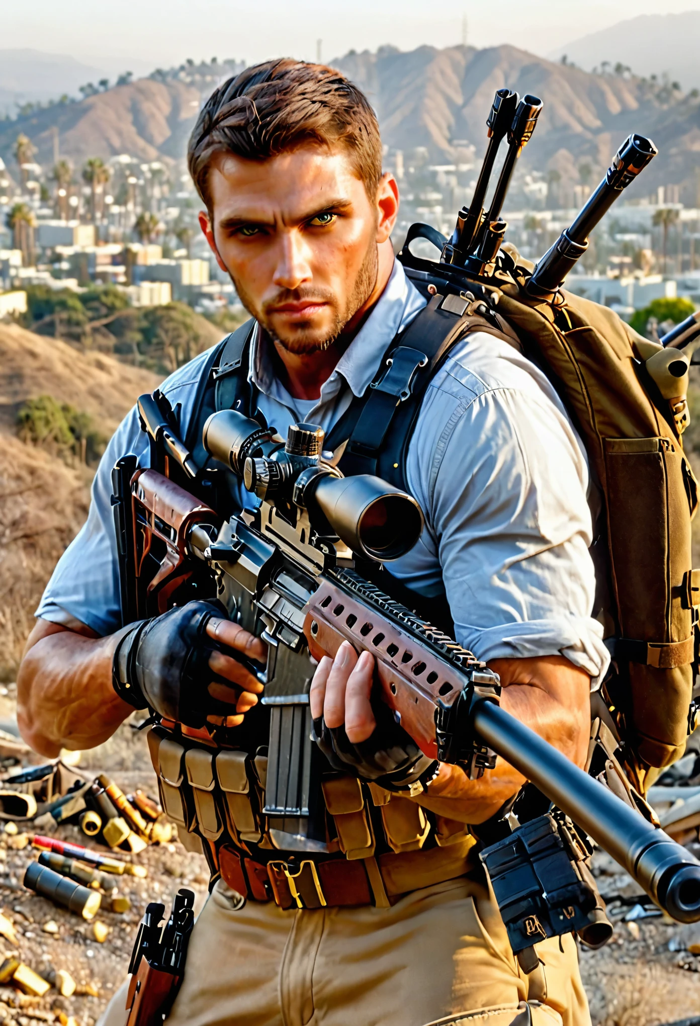 mercenary, male focus, holding an sniper rifle, african american, brown hair, hazel eyes, load-bearing vest, ammunition belt, danger atmosphere, los angeles, war zone