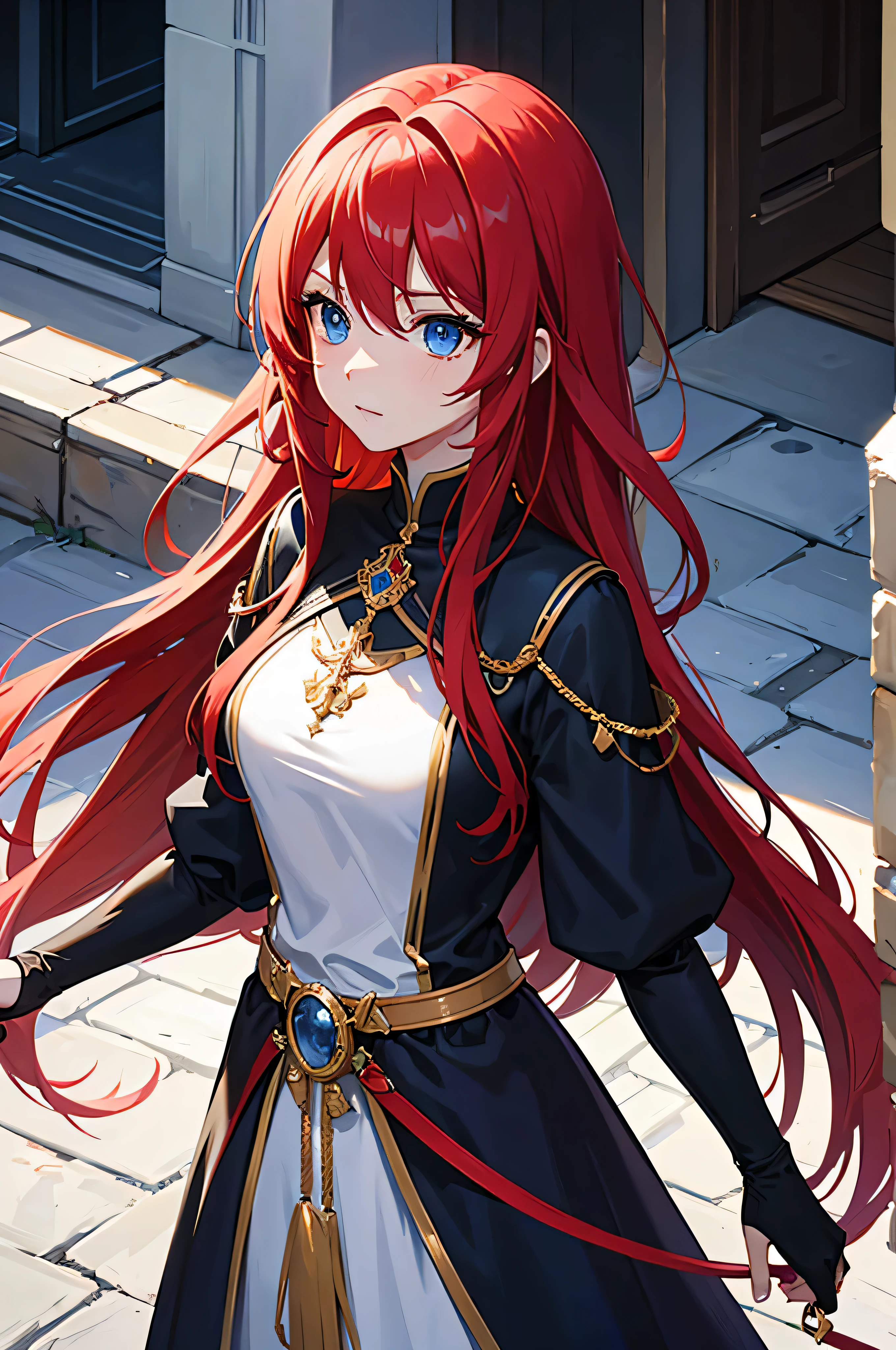 4K,hight resolution,One Woman,Bright red hair,Longhaire,Blue eyes,Knights,white holy armor,jewel decorations,Longsword,medieval town