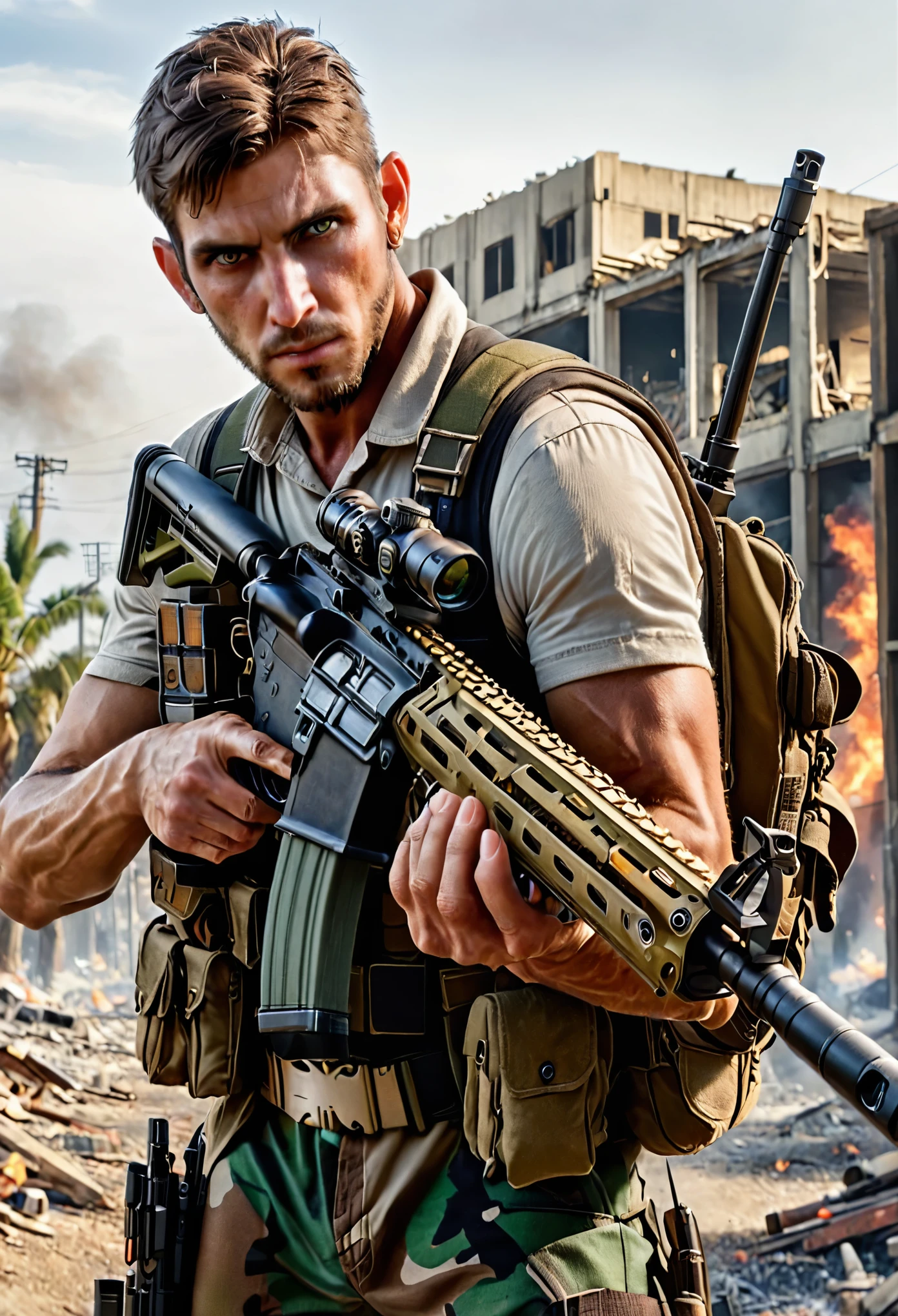 mercenary, male focus, holding an sniper rifle, brown hair, hazel eyes, load-bearing vest, ammunition belt, danger atmosphere, los angeles, war zone