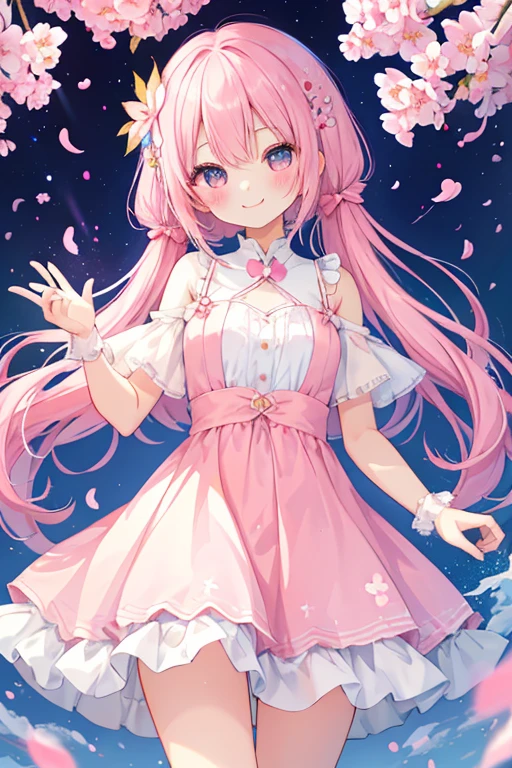 beautiful illustrations, highest quality, pretty girl,beautiful girl、clear face、 half girl、pastel colour 、pink hair、black eyes、smile、blush、にこやかなsmile、thighs、perfect hands、five fingers、cherry blossoms吹雪、cherry blossoms、fantasy、fantasy、white dress、date