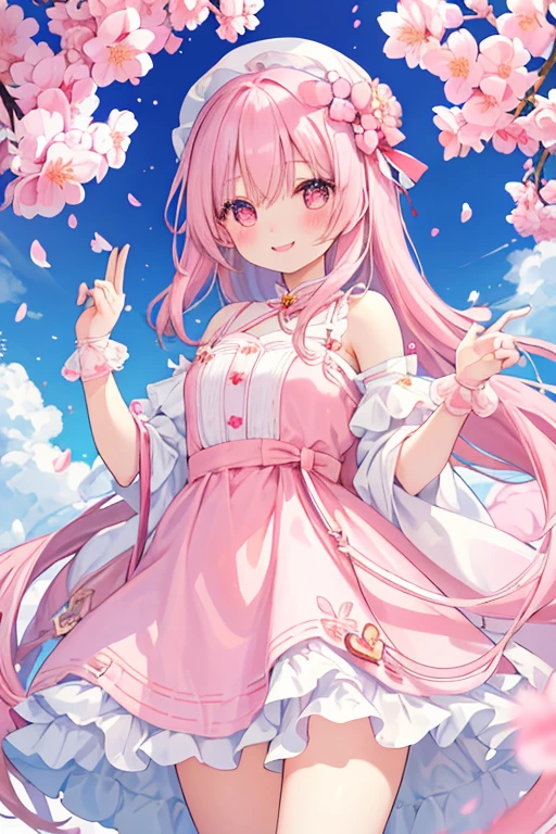 beautiful illustrations, highest quality, pretty girl,beautiful girl、clear face、 half girl、pastel colour 、pink hair、black eyes、smile、blush、にこやかなsmile、thighs、perfect hands、five fingers、cherry blossoms吹雪、cherry blossoms、fantasy、fantasy、white dress、date