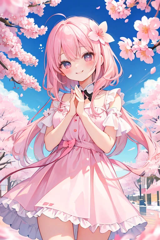 beautiful illustrations, highest quality, pretty girl,beautiful girl、clear face、 half girl、pastel colour 、pink hair、black eyes、smile、blush、にこやかなsmile、thighs、perfect hands、five fingers、cherry blossoms吹雪、cherry blossoms、fantasy、fantasy、white dress、date