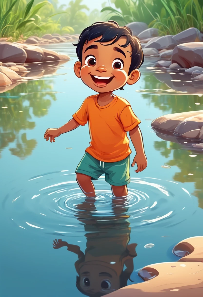 Little boy Raju noticing his reflection in the clear river water, smiling with excitement. Cartoon style