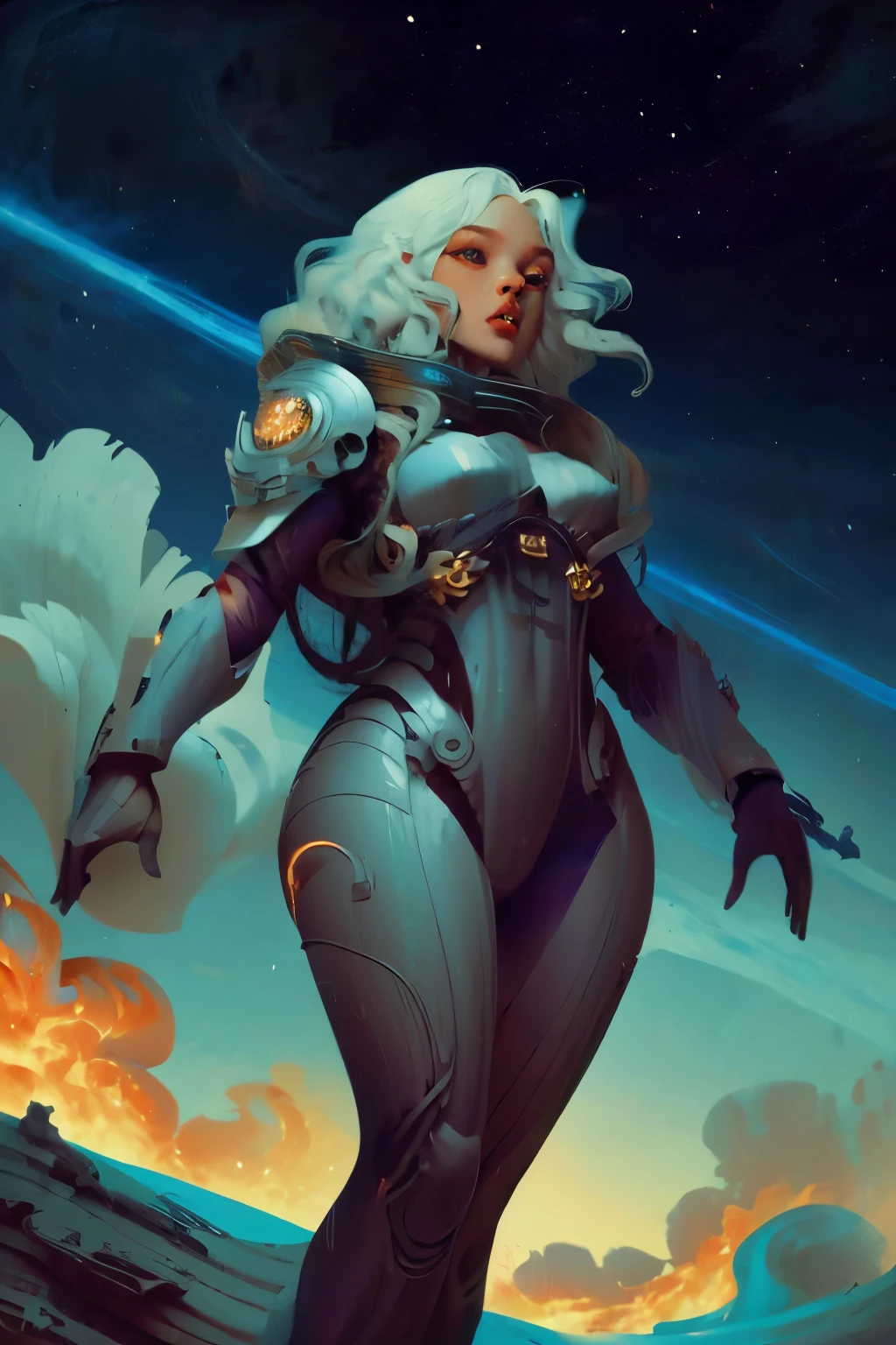 On an Imperium outpost mifiant death solier, a beautiful woman looking something like a space witch, wavy flowing tangled white blue hair, prepares her orcane planet ship for battle, she is wearing a smokey grey fighting helm with smokey long curly hair, smoke emanates from her hair and clothing, wearing a lightly technological battle suit fitting of a magical creature of high stature subtle technology, nanites, wavy flowing space background, chaos, 1960 space art, hyperdetailed, 36k resolution