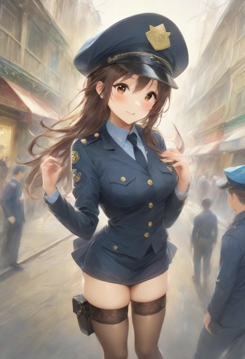 masterpiece, best quality, very aesthetic, absurdres, full body shot,(police costume:1.3), (button gap:0), police skirt, police cap, stockings with garter, on the crowed street, spirit of the wind, 1girl, yamanaka sawako, k-on!