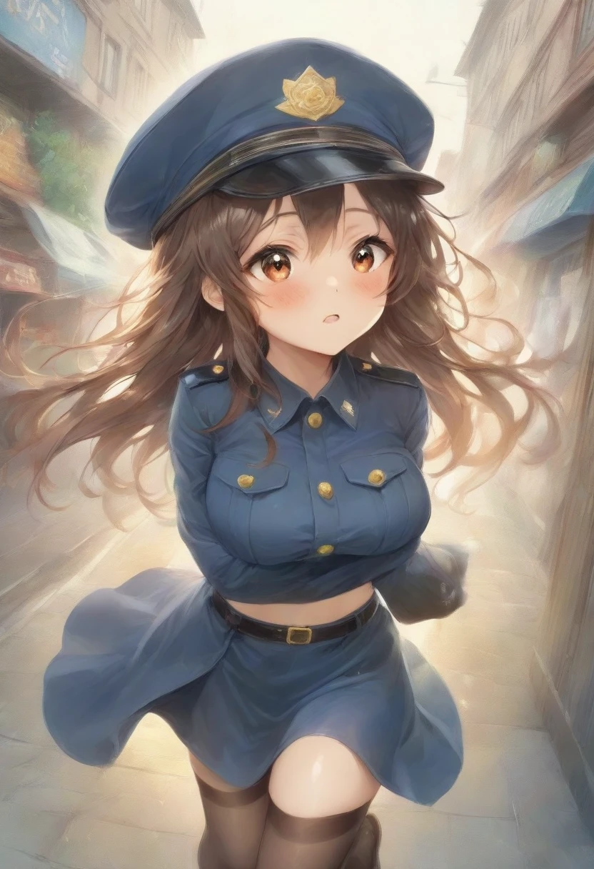 masterpiece, best quality, very aesthetic, absurdres, full body shot,(police costume:1.3), (button gap:0), police skirt, police cap, stockings with garter, on the crowed street, spirit of the wind, 1girl, yamanaka sawako, k-on!