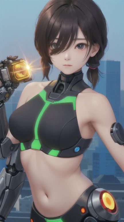 (highest quality、masterpiece、High resolution)、female android、Challenging eyes、Fighter、near future、Mechanical body、cyborg、city、laser gun、exposed、belly button、chest