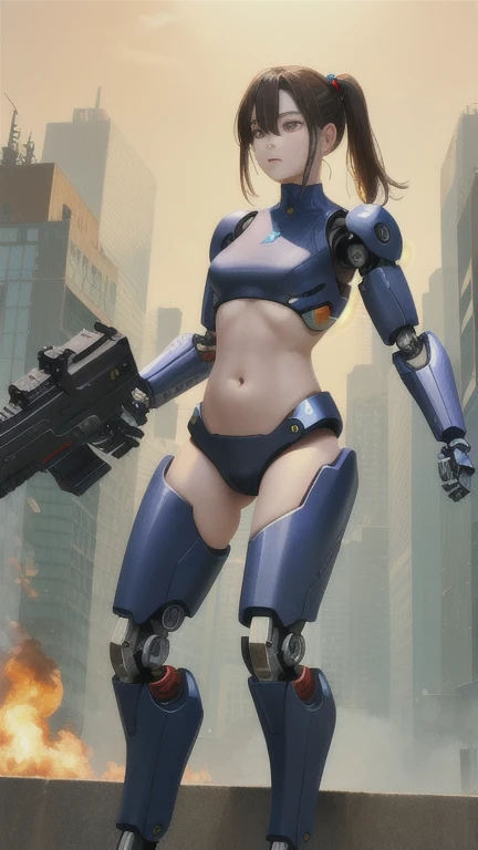 ((Best quality)), ((masterpiece)), (detailed:1.4), (Absurd), (((full body)), ((sharp focus)), (((woman))), 35-year-old woman, Beautiful muscular woman, giant robot pilot, wild with perfect body, wearing little clothing, tiny thong, clothing with Japanese graphic patterns, halftone pattern and vertical stripes, yellow gold, coming out of the body of a giant robot