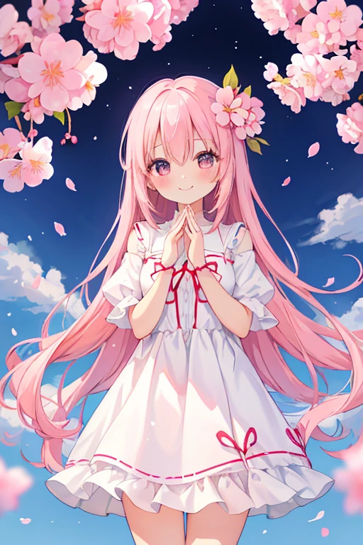 beautiful illustrations, highest quality, pretty girl,beautiful girl、clear face、 half girl、pastel colour 、pink hair、black eyes、smile、blush、にこやかなsmile、thighs、perfect hands、five fingers、cherry blossoms吹雪、cherry blossoms、fantasy、fantasy、white dress、date