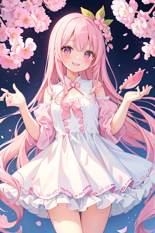 beautiful illustrations, highest quality, pretty girl,beautiful girl、clear face、 half girl、pastel colour 、pink hair、black eyes、smile、blush、にこやかなsmile、thighs、perfect hands、five fingers、cherry blossoms吹雪、cherry blossoms、fantasy、fantasy、white dress、date