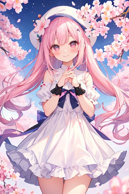 beautiful illustrations, highest quality, pretty girl,beautiful girl、clear face、 half girl、pastel colour 、pink hair、black eyes、smile、blush、にこやかなsmile、thighs、perfect hands、five fingers、cherry blossoms吹雪、cherry blossoms、fantasy、fantasy、white dress、date