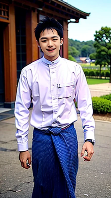 20 years old Beautiful Burmese in traditional dress boy Smiling face, friendly look, smiling at the camera, detailed clear view background, pagodas seen in the distance, farmland, natural beauty fullbudy