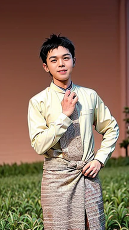 20 years old  Beautiful Burmese in traditional dress  boy  Smiling face, friendly look, smiling at the camera, detailed clear view background, pagodas seen in the distance, farmland, natural beauty fullbudy 