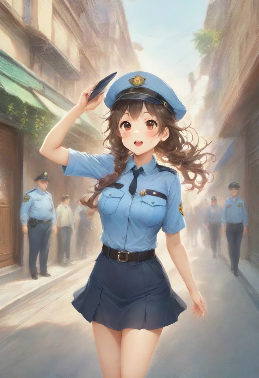 masterpiece, best quality, very aesthetic, absurdres, full body shot,(police costume:1.3), (button gap:0), police skirt, police cap, stockings with garter, on the crowed street, spirit of the wind, 1girl, wakaouji ichigo, k-on!