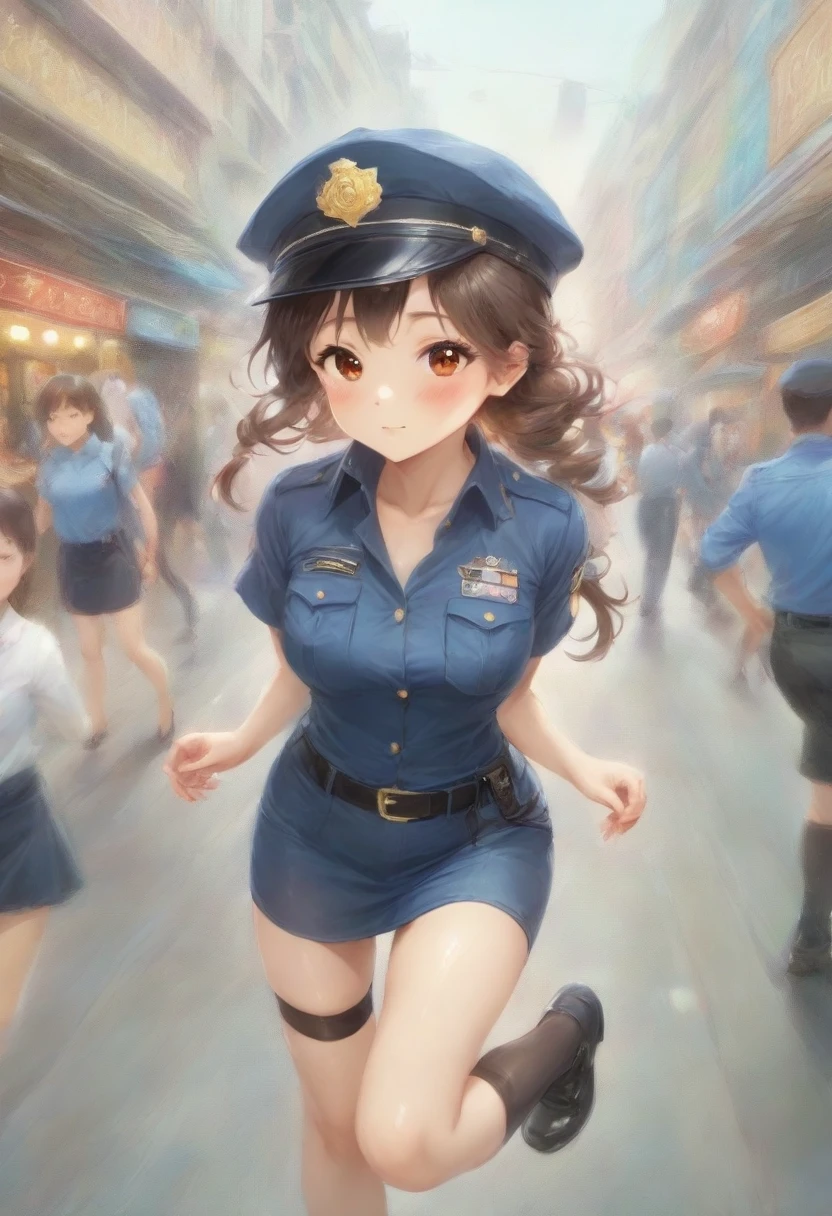 masterpiece, best quality, very aesthetic, absurdres, full body shot,(police costume:1.3), (button gap:0), police skirt, police cap, stockings with garter, on the crowed street, spirit of the wind, 1girl, hirasawa ui, k-on!