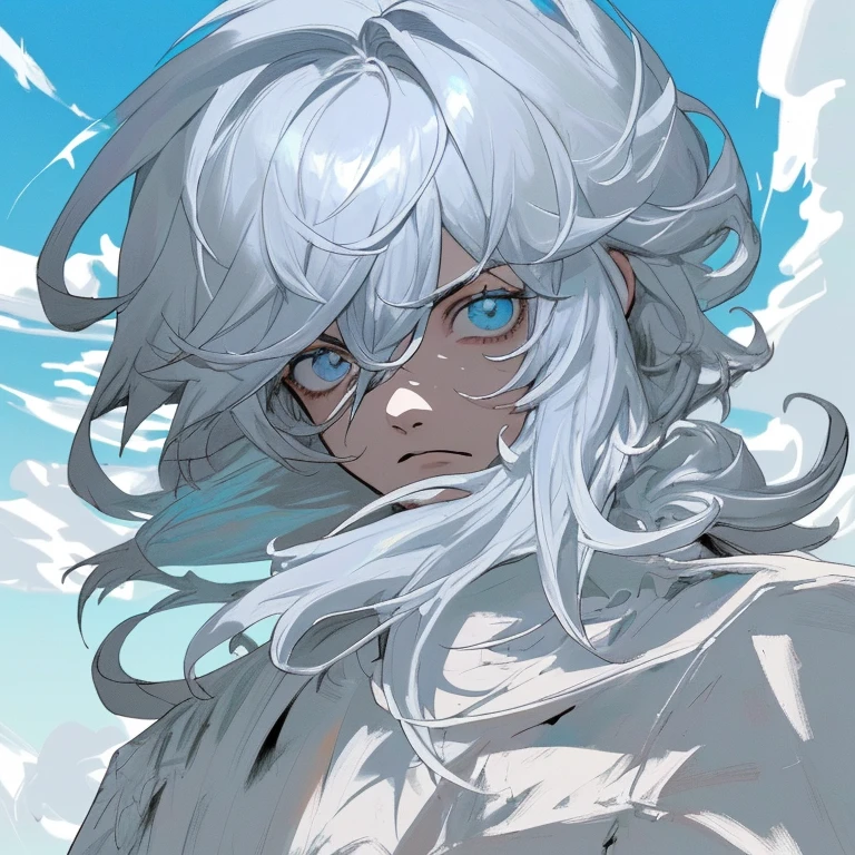 Personagem masculino, cabelo curto, messy, grisalho e branco, serious eyes, olhos azuis, olhando para o especatador, blue sky with clouds, coruja ao seu lado, ultra hd, ultra detalhado (obra de arte), roupa escura e bonita