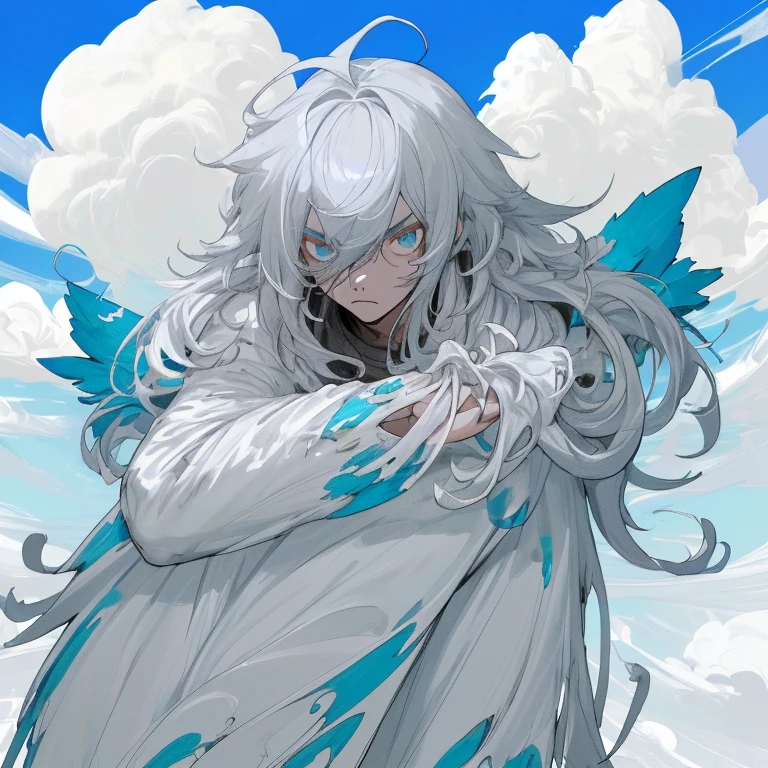 Personagem masculino, cabelo curto, messy, grisalho e branco, serious eyes, olhos azuis, olhando para o especatador, blue sky with clouds, coruja ao seu lado, ultra hd, ultra detalhado (obra de arte), roupa escura e bonita