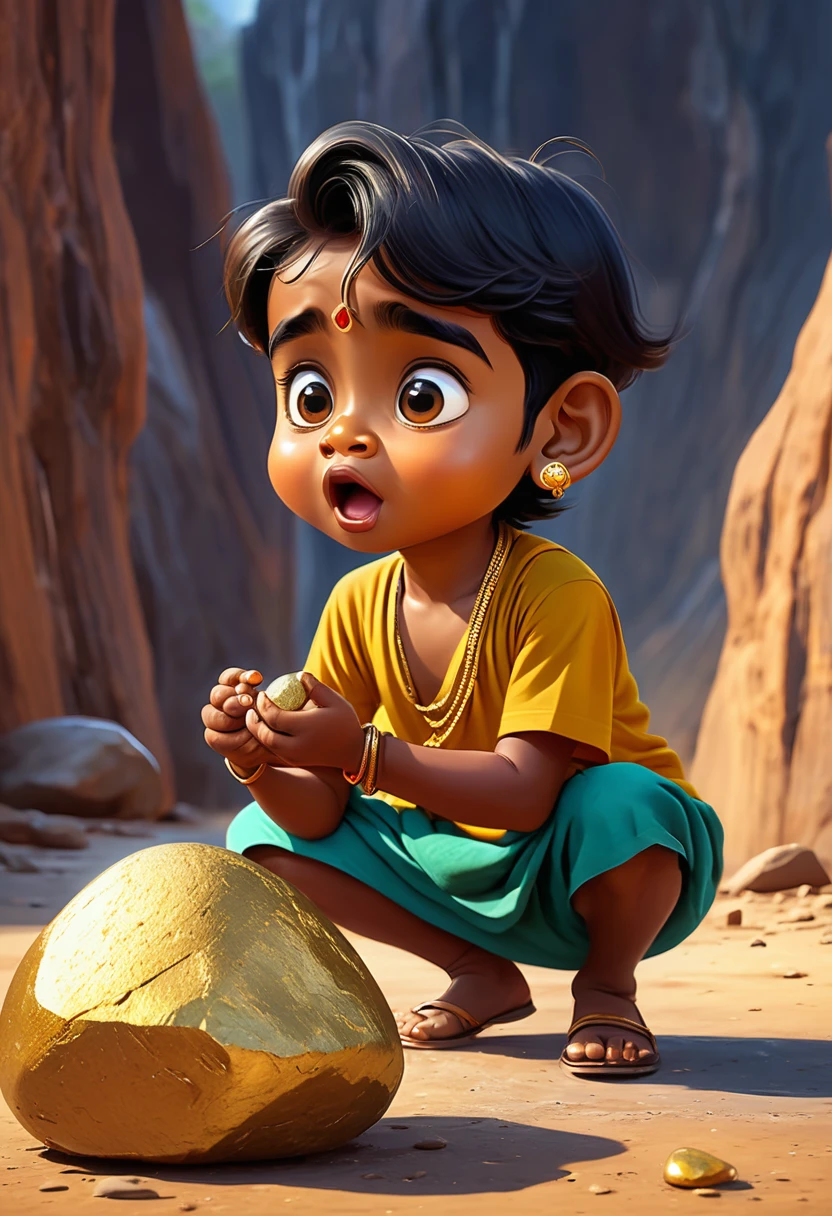 Little boy Raju's expression changing to surprise as he realizes the stone is actually a shiny golden rock. cartoon style 