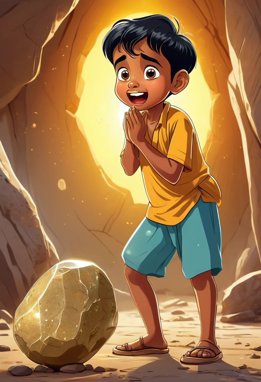 Little boy Raju's expression changing to surprise as he realizes the stone is actually a shiny golden rock. cartoon style