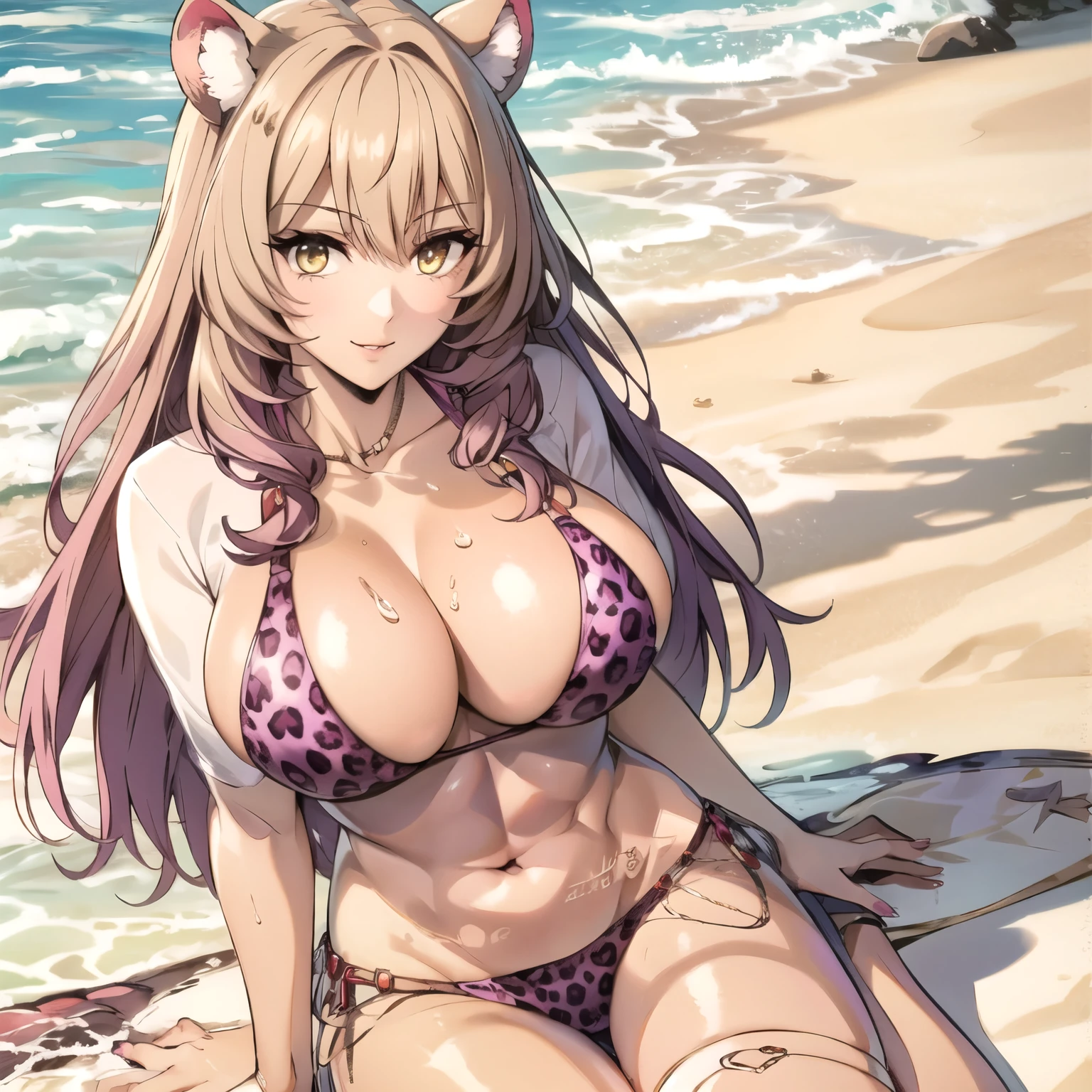 atractiva mujer. orejas de gato, cabello rubio con puntas rosadas, yellow eyes like amber, sonrisa boca abierta, rubor, pechos grandes, orange bikini with leopard design, accesorios, fondo playa, gotas de agua en su pecho. rubia, cabello rubio